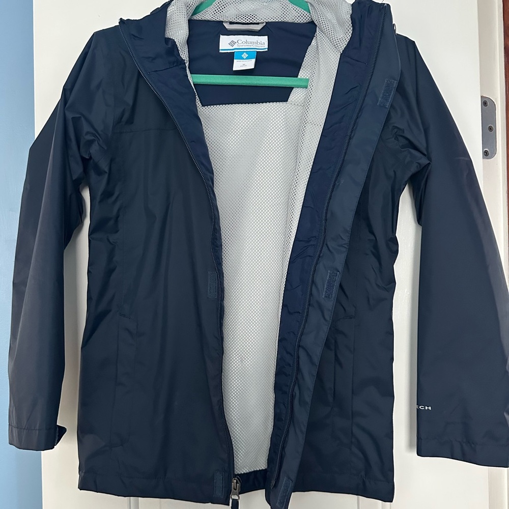 COLUMBIA Size M (10/12) Boys Navy Nylon Full Length Zipper with Pockets Raincoat - Picture 3 of 4